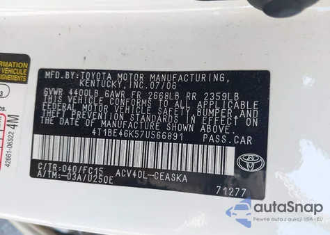 2007 Toyota Camry Se from USA, damaged, VIN 4T1BE46K57U566891